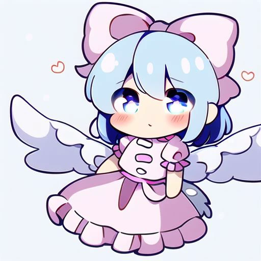 Best quality, most quality, solo, masterpiece, full body, blush, Mai, Light-blue eyes, Light-blue hair, light pink bow, light pink dress, wings, angel wings, small light pink wings,