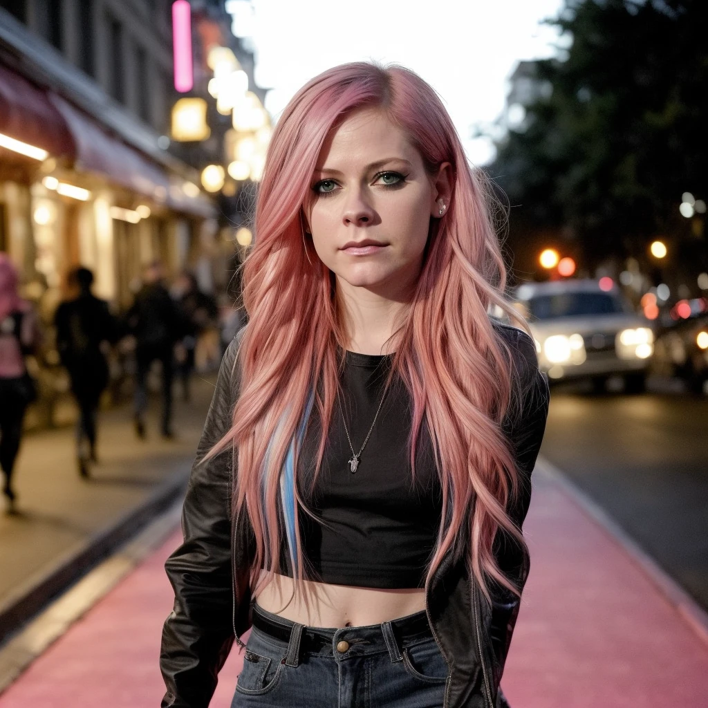 a photo of (skinny) Avril1_512-5000, a woman walking around a city street at night in the dark, ((pink hair)),