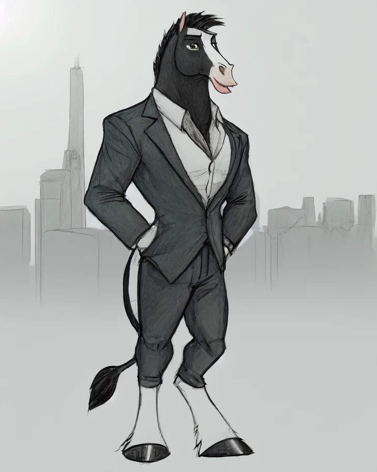 sketch
full-length portrait, city background, solo, anthro, male khanhorse, clothed, black fur, <lora:khanhorse:1>