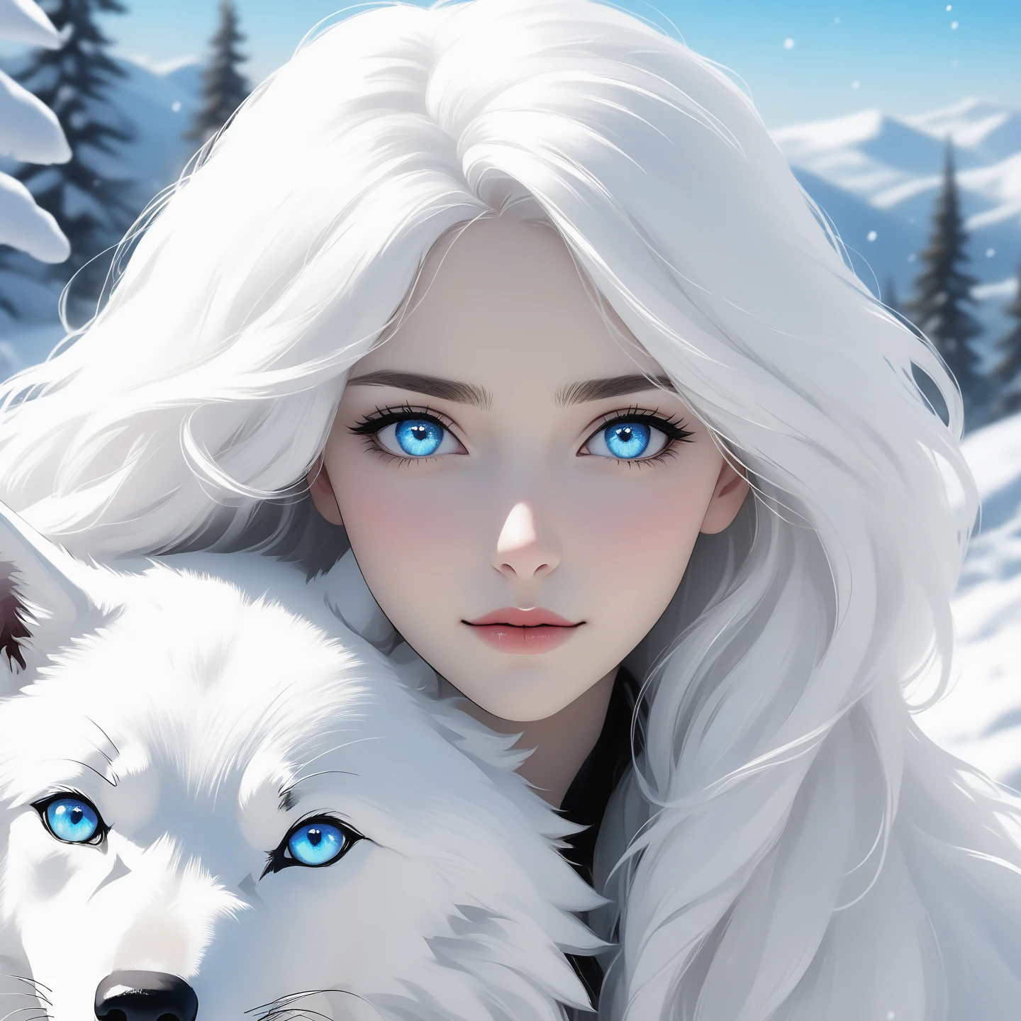 girl with white hair and bright blue eyes looking at viewer, white wolf with bright blue eyes, snowy landscape, close up, 8k, uhd, masterpiece,