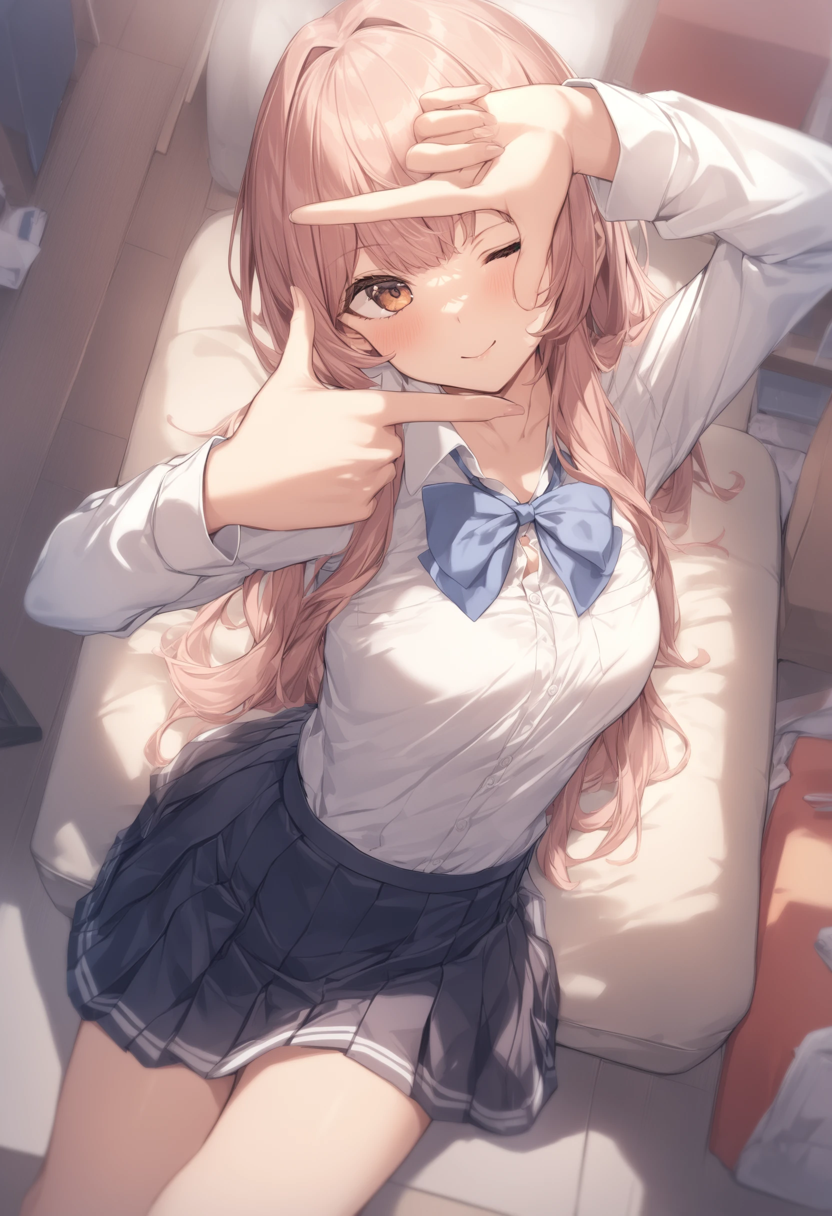 1girl, <lora:sdxl2-flat2-512b:-1>,medium breasts,school uniform,
<lora:fingerframeXLv2:1>,finger frame, looking at viewer, arm up, one eye closed, hands up,
best quality,medium quality,