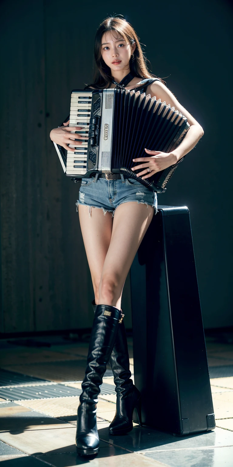 1girl, playing accordion, accordion, stand, full body,  high-heeled boots,jeans, 
masterpiece, best quality, 8k