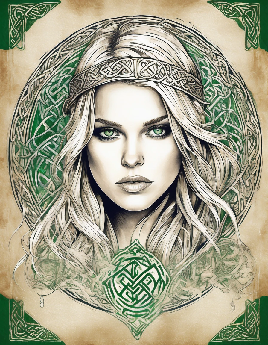 ((alcvcrlmrcs woman)),ink illustration on parchment, masterpiece, high resolution, A divinity, European, Celtic aesthetics, black canvas, roots, Celtic runes, bronze jewelry, eye focus, green eyes, peaceful, <lora:Alice Eve:1.0>