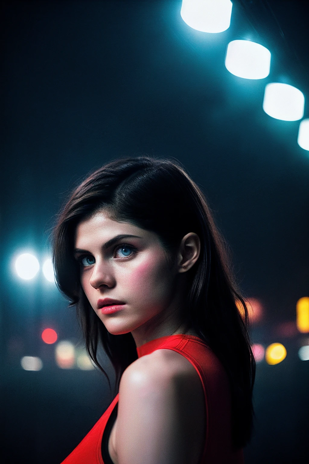 AlexDD_SoloTI_v1,
portrait, photography by (Mario Testino:1.3), modelshoot, pose, (night, dark, dark photo, grainy, dimly lit:1.3), editorial photograph, dark night, film grain, depth of field, analog film style, vivid color, upper body, looking at viewer, ((vibrant color palette, bold and saturated, emotional impact, vivid, with strong contrasts, creative and stylized lighting, movie screenshot, neon, colored gels, dramatic shadows, dreamlike, cinematography, lens flare, mist, gritty, movie still, state fair, fog)), ultrarealistic, noise ,
 <lora:add_detail:0.6> ,<lora:LowRa:0.2>