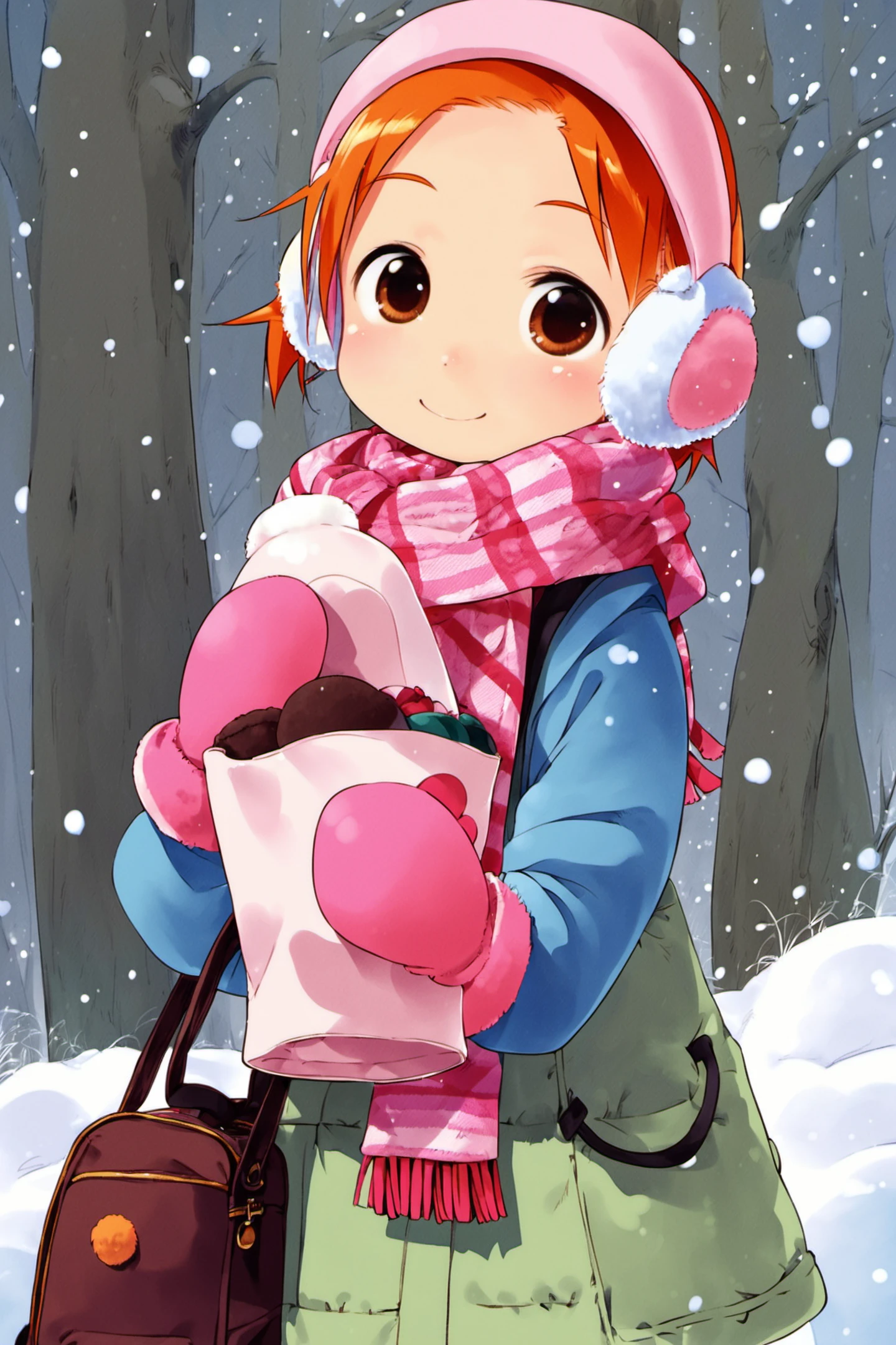 score_8_up,Miu Matsuoka,solo,mittens,1girl,earmuffs,scarf,bag,orange hair,brown eyes,smile,winter clothes,gloves,child,<lora:Ichigo Mashimaro_XL_PONY:0.8>,