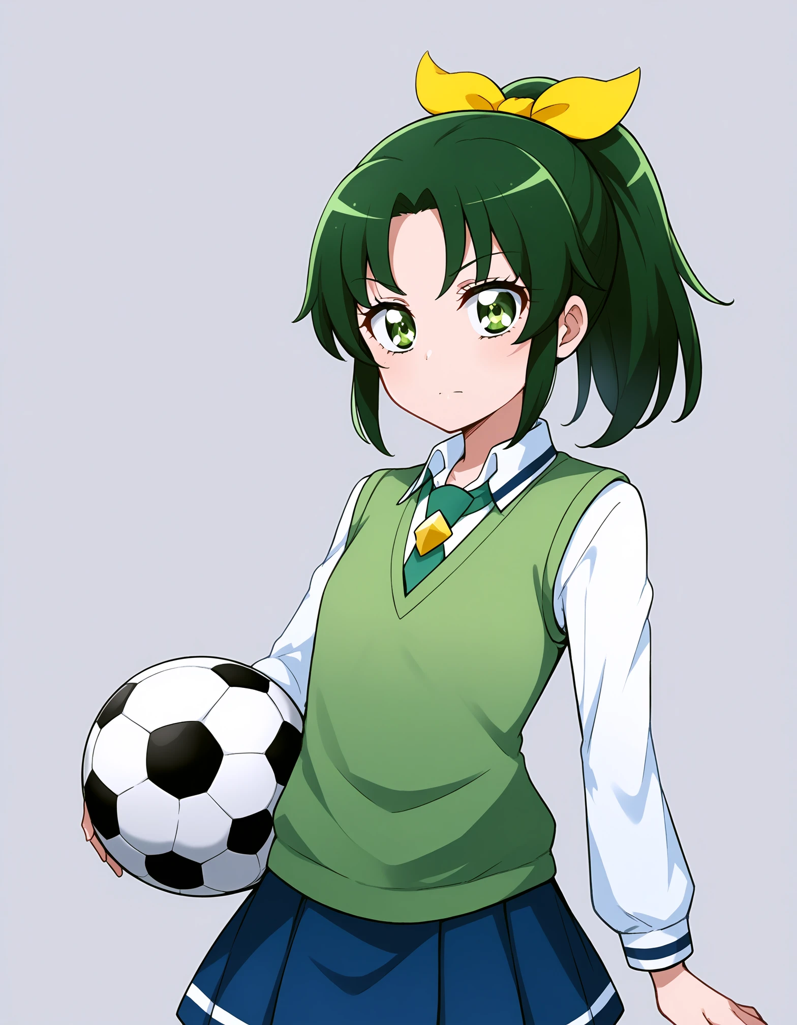 score_9, <lora:sdxl_lightning_8step_lora:1> source_anime, rating_safe BREAK 1girl, solo
<lora:ponyxl_character-smile_precure:1>
midorikawa nao, green hair, green eyes, ponytail, hair ribbon, nanairogaoka middle school uniform, green necktie, green sweater vest, soccer ball