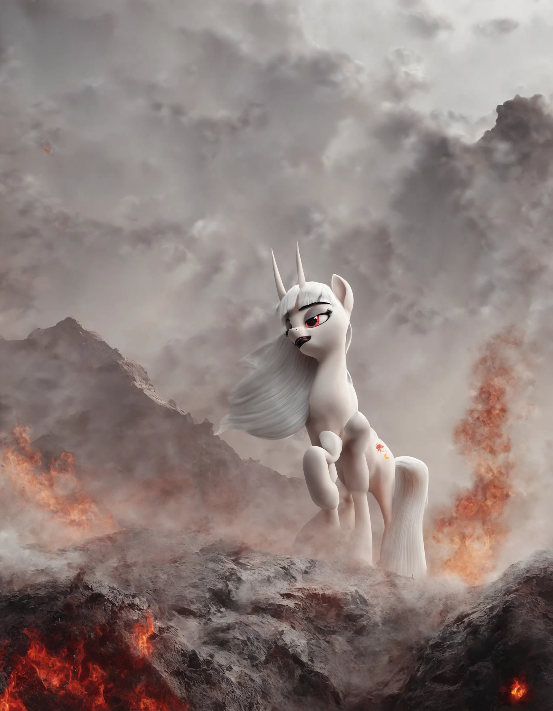 score_9, score_8_up, score_7_up, score_6_up, score_5_up, score_4_up, 3d render of Lucifer Morningstar in a 3d movie, Pixar, high quality, extremely detailed, soft colors, 8k, beautiful, adorable, The devil himself riding a my little pony on a mountain, flames, underworld, outdoors, hellscape, source_pony , source_cartoon , source_morse_dredd_violence , realistic, violent, movie poster, DuskMovieXL
