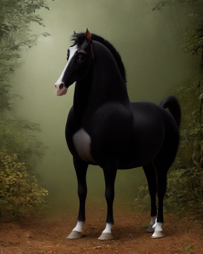 detailed realistic photorealism
full-length portrait, forest background, solo, anthro, male khanhorse, clothed, black fur, <lora:khanhorse:1>