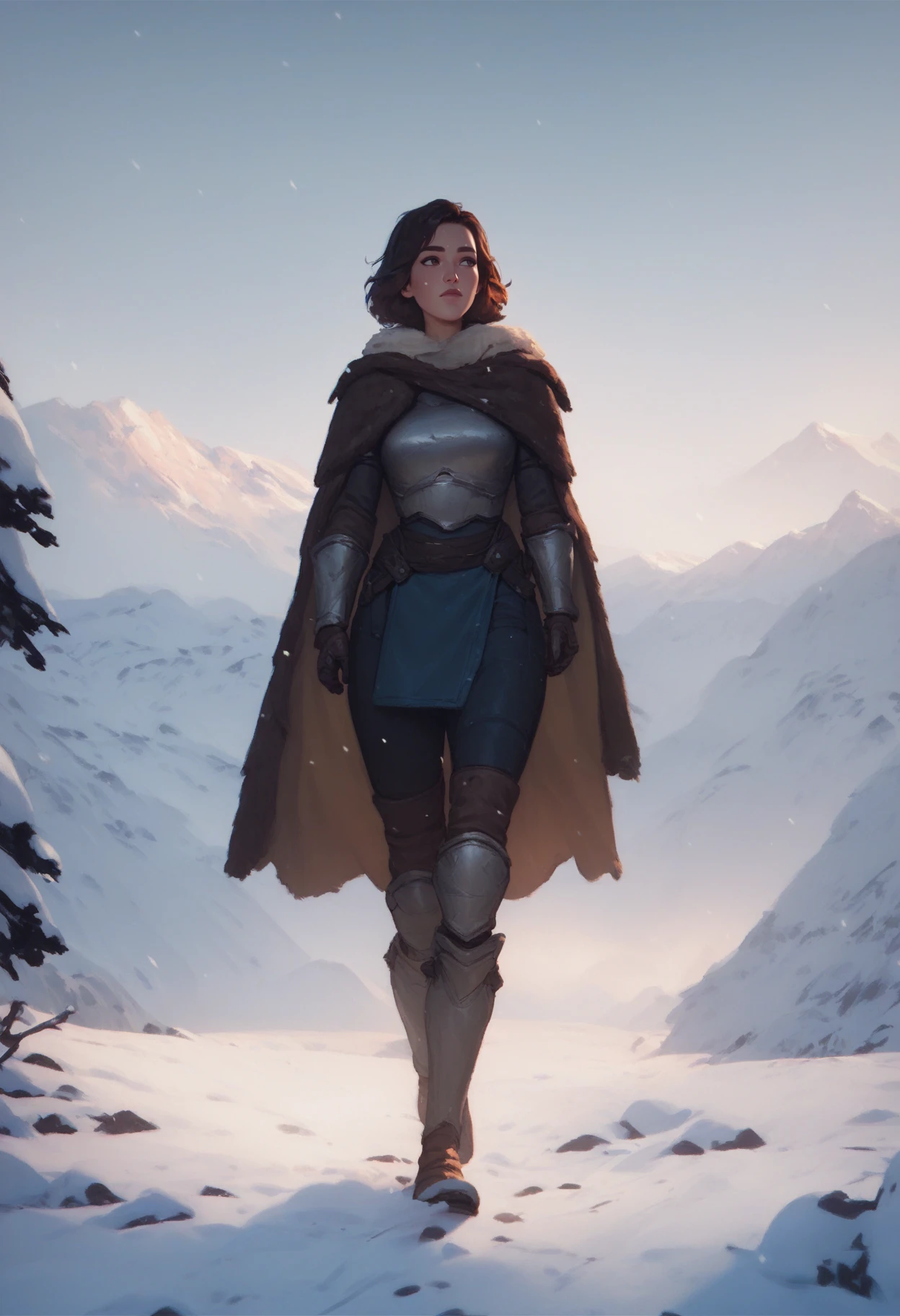 score_9, score_8_up, score_7_up, score_6_up, score_5_up, score_4_up, young adventurer woman walking in snowy mountains, armored female, medium brown hair, medium shot, cape <lora:LoRLycoXL:1>