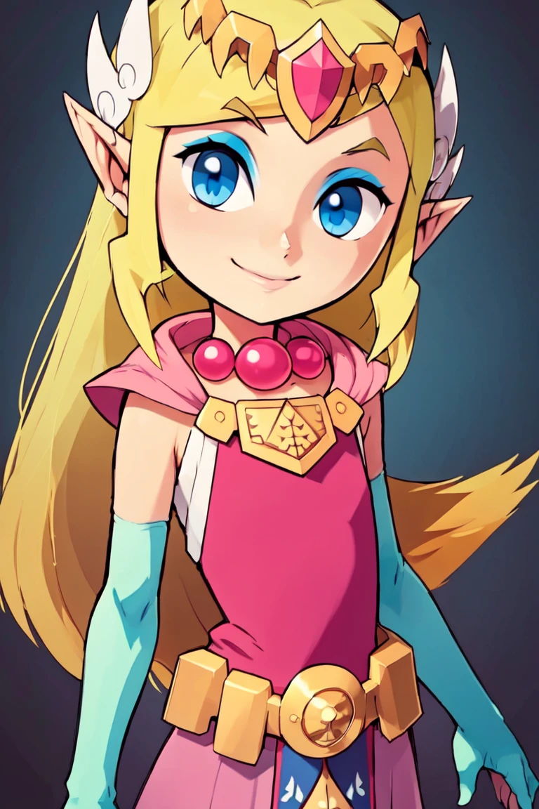 <lora:Bold_CAT:0.5>,
((masterpiece,best quality)), anime style, <lora:Toon_Zelda_v1:0.8>, toon zelda, 1girl, solo, smile, gloves, dress, jewelry, elbow gloves, belt, blue eyes, tiara, looking at viewer, cowboy shot,