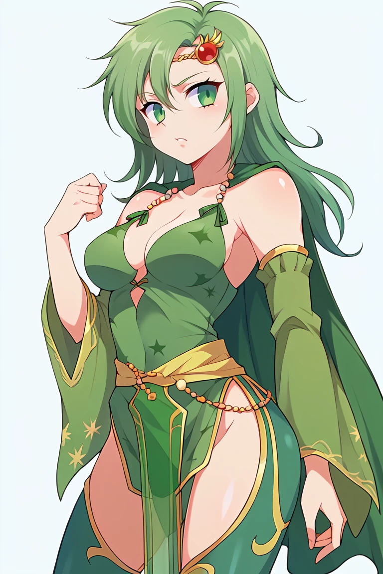 score_9, score_8_up, score_7_up, BREAK,  <lora:neversaint-guy-PONYv1:1>, 1girl, solo, breasts,   <lora:rydia-pdxl-nvwls-v1:0.95> rydia, long hair, green hair, green eyes, circlet, hair ornament, green cape, green leotard, pelvic curtain, detached sleeves, thigh boots