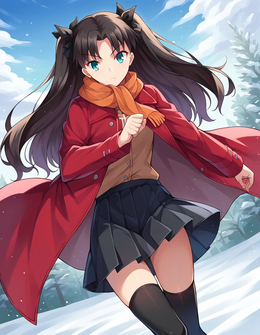 masterpiece, best quality, 1 girl, <lora:Lessar_V15:0.7>, skirt and jacket, red and white thighhighs, scarf, demon tail, snow, cowboy shot,