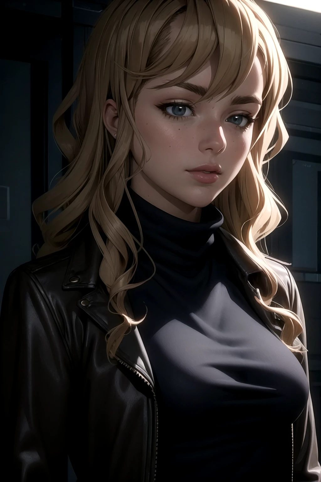 <lora:SirenV1-000002:0.8> siren_triagex, solo, 1girl, blonde_hair, long_hair, jacket, wavy_hair, turtleneck, upper_body, beautiful, (masterpiece:1.2), (best quality:1.2)