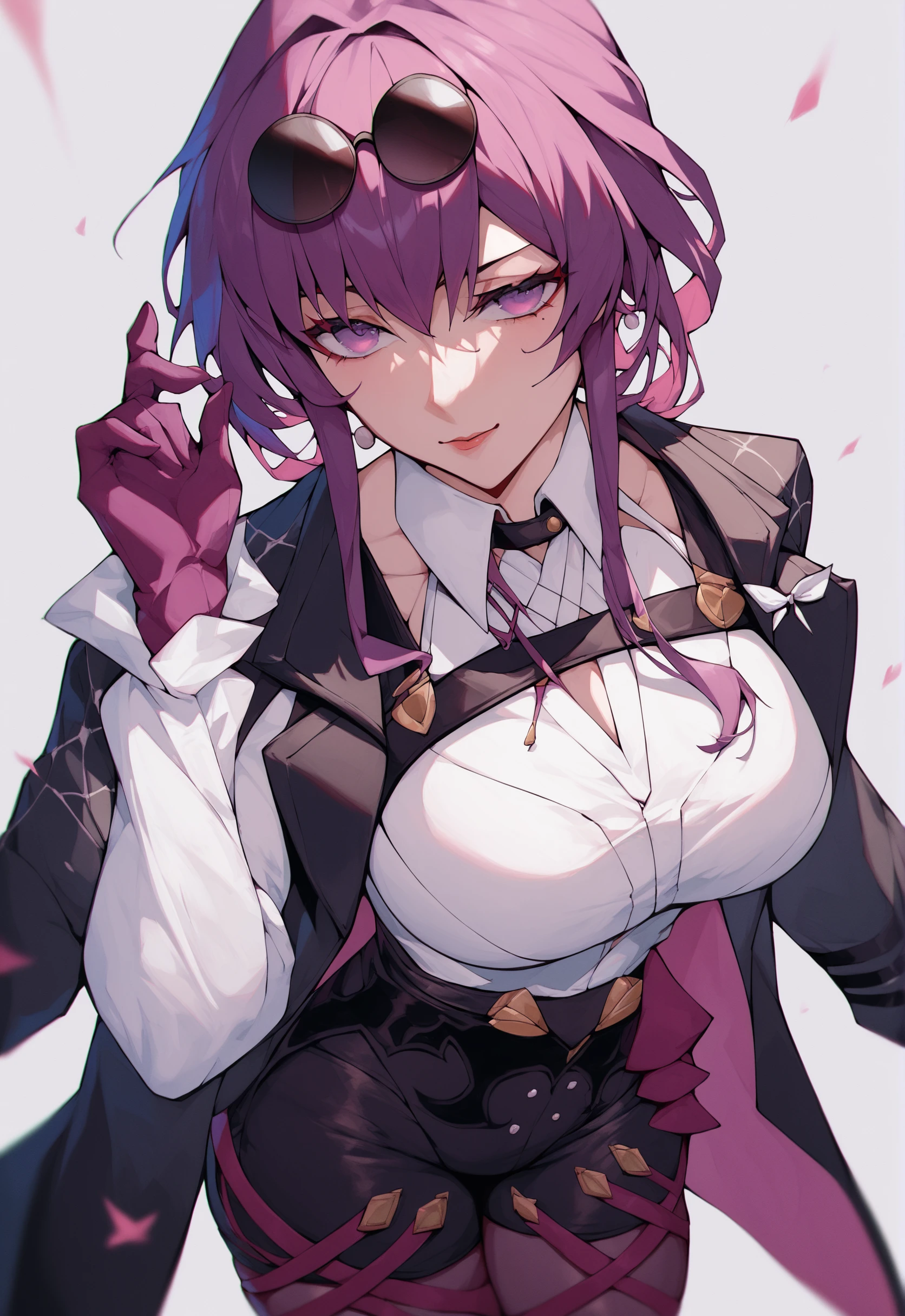 female, short purple hair, engineer, mad scientist, foggy nerd glasses, happy, black bikini armor, fantasy