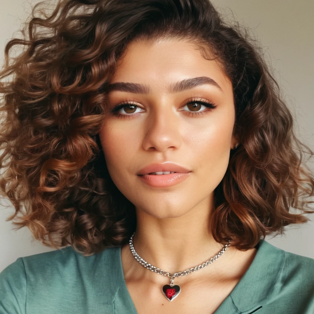 Looking straight at the camera, Film grain, skin texture, Instagram closeup selfie of a woman with beautiful wavy hair wearing a heart necklace,f/1.8,wearing a tutleneck shirt, <lora:zendaya_xl_1_standard_wo_cap_merger_23_78_07_03:1>