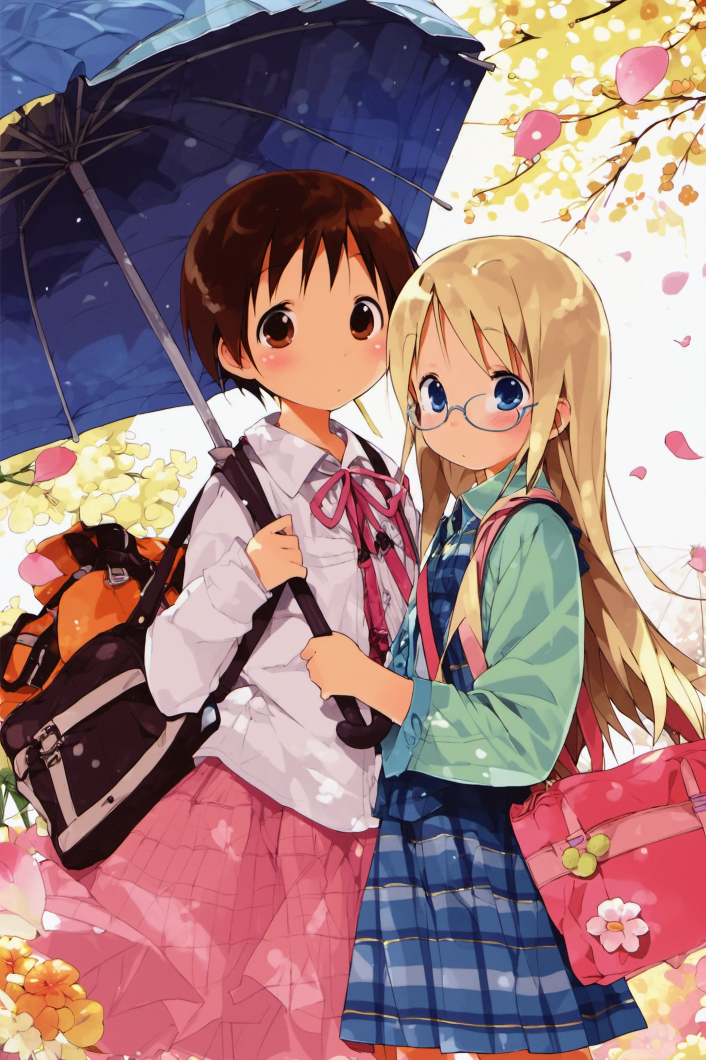 score_8_up,Matsuri Sakuragi,Ana Coppola,multiple girls,2girls,umbrella,glasses,blonde hair,blue eyes,bag,long hair,shared umbrella,siblings,sisters,short hair,brown hair,brown eyes,blush,<lora:Ichigo Mashimaro_XL_PONY:0.8>,