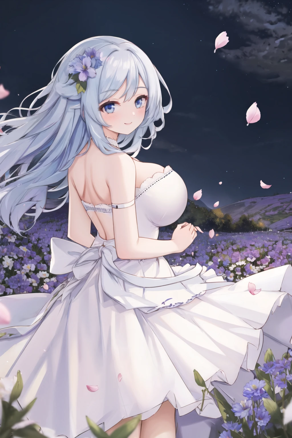<lora:flofield:0.6>, flower field, <lora:orzcan-09:0.6>, strapless dress, night, wind, petals, smile, large breasts,