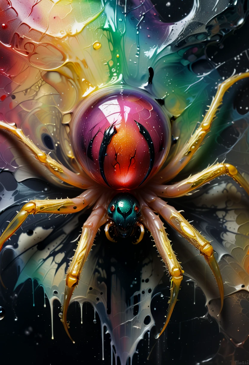macro photo, sparkling dewdrops cling to a magical poison fantasy glass spider, very detailed, bloody fangs, amazing quality, intricate, cinematic light, highly detail, beautiful, surreal, dramatic, galaxy fantasy colors, deadly web, gold glitter falls in the background., Heavy oil painting, trending on facebook, muted colors, slate tones, brush strokes, puddy knife marks, edgy areas next to smooth areas, dark next to light, soft next to hard, a blast of colorful paint, ridges of thick paint create shadows and thick texture, smokey grainy areas next to smooth open areas, a sense of three dimensions, an abstraction of details in color and form, ((oily texture with clumps of paint)).