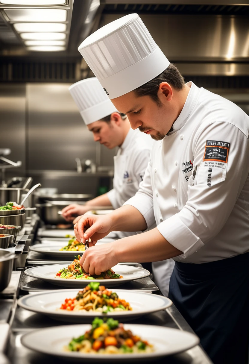 A photo of a chef in a busy kitchen, captured in a moment of concentration as they plate a dish, highlighting the artistry and precision of their work, with the vibrant colors of the food standing out.,
