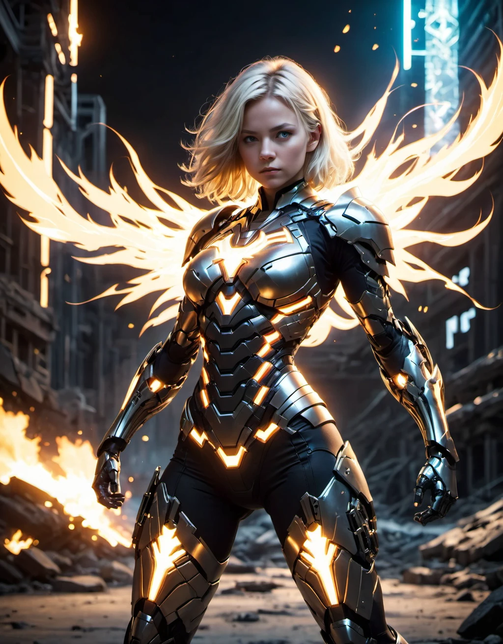 1girl, blurry, blurry background,superhero, cybernetic armor, glowing bodysuit, ruins, fantasy, pyrokinesis, dynamic pose, glowing headgear, shoulder armor, platinum blonde hair, serious, fighting stance, masterpiece, best quality,