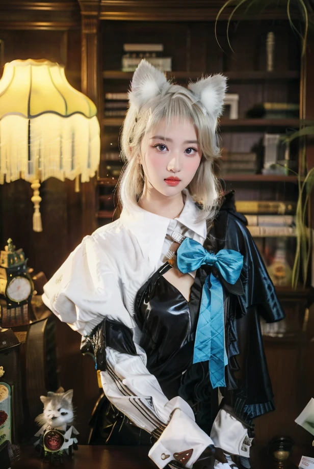 best quality,masterpiece,(best quality),(masterpiece),shine eyes,(looking at viewer:1.2),DENGDENGMAO,solo,looking at viewer,animal ears,long hair,indoors,puffy sleeves,gloves,long sleeves,bow,blurry,(lamp:0.8),bangs,blurry background,juliet sleeves,cat ears,table,cosplay,ribbon,white hair,blue eyes,book,closed mouth,black gloves,puffy long sleeves,1girl,<lora:DENGDENGMAO_20231105205615:0.9>,<lora:liuyifei_d64_c1:1>,