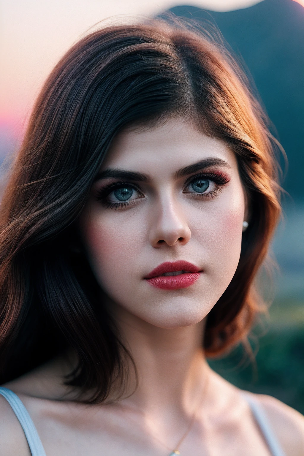 AlexDD_SoloTI_v1,
a beautiful woman, perfect hair, (modern photo,Sweetheart neckline puff sleeve floral print sundress for a cute and girly look:1.1), closeup portrait, 85mm, (analog, cinematic, film grain, hazy atmosphere:1.3), ((outside, sky and hills background, sunset:1.2)), detailed eyes, (painted lips), (seductive), (cinematic shot:1.3),
<lora:add_detail:0.6> ,<lora:LowRa:0.4>