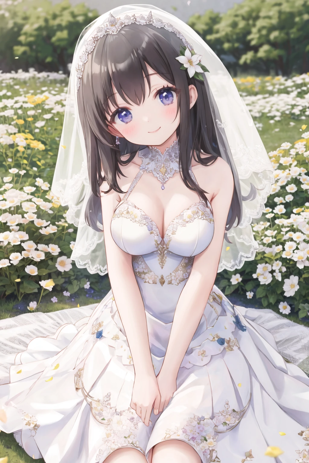 <lora:flofield:0.6>, flower field, sitting, white dress, veil, wedding dress, medium breasts, smile, head tilt