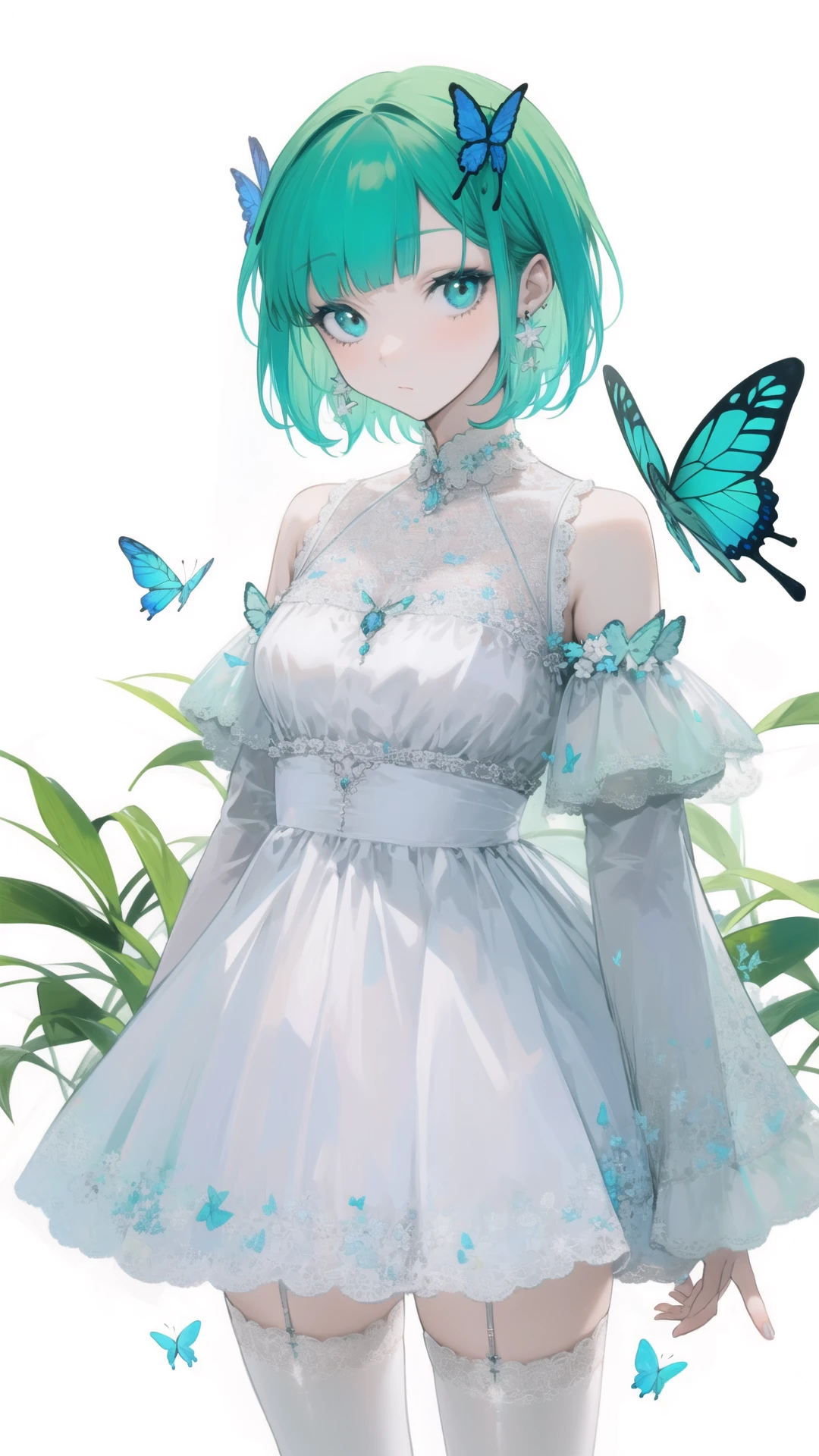 1girl, animal, anklet, aqua_hair, bangs, bird, blue_butterfly, bug, butterfly, butterfly_hair_ornament, butterfly_on_hand, butterfly_wings, closed_mouth, dragonfly, dress, earrings, frills, full_body, glowing_butterfly, green_hair, jewelry, leaf, long_sleeves, looking_at_viewer, plant, short_hair, solo, thighhighs, uruha_rushia, white_butterfly, white_dress, white_legwear, yellow_butterfly
<lora:èªç»ç»é£ ohisashiburi v4.0:1>