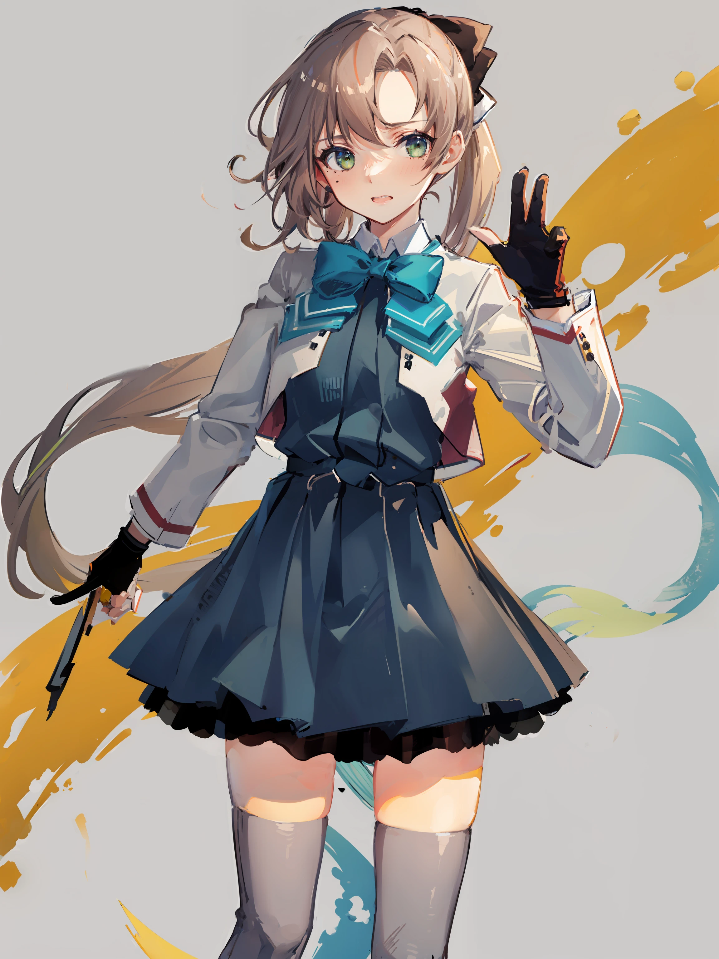 akigumo \(kancolle\), 1girl, solo, thighhighs, grey thighhighs, gloves, jacket, partially fingerless gloves, simple background, black gloves, blazer, single glove, school uniform, white background, cowboy shot, mole, bowtie, looking at viewer, mole under eye, dress, bow, aqua bowtie, standing, pleated dress, blue bowtie, aqua bow, skirt, vest, original, intricate detail, illustration, masterpiece, extremely detailed CG unity 8k wallpaper, highlight, sharpening, dynamic, <lora:Akigumo-12:0.8>,