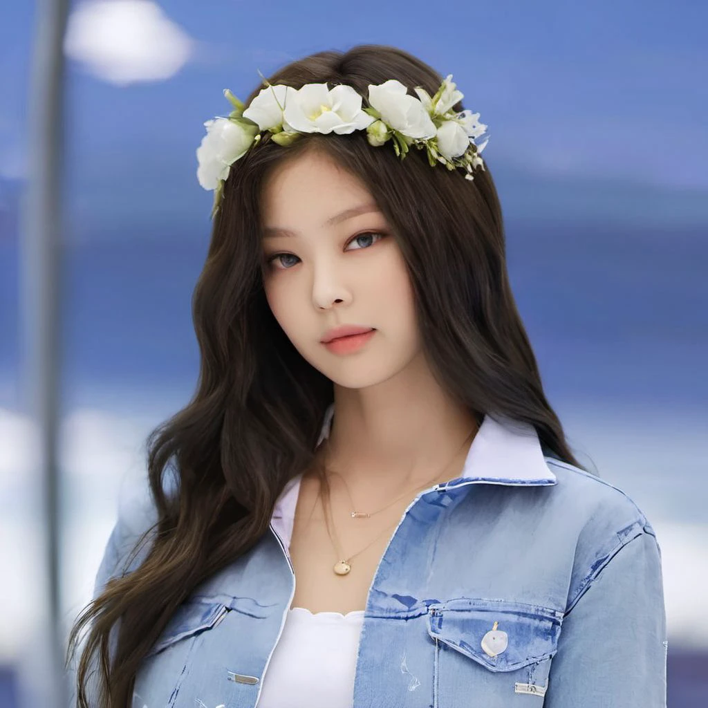 jennie, 1girl, solo, blurry background, black hair, outdoors, light on face, realistic, black eyes, upper body, lips, detailed eyes, detailed iris, detailed face, day, sky, realistic, blurry, blue sky, shirt, white shirt, beautiful hair, jacket, flower crown, closed mouth, looking at viewer, highres, masterpiece, <lora:sayhello0o-blackpink_jennie-XL-V0.5:1>