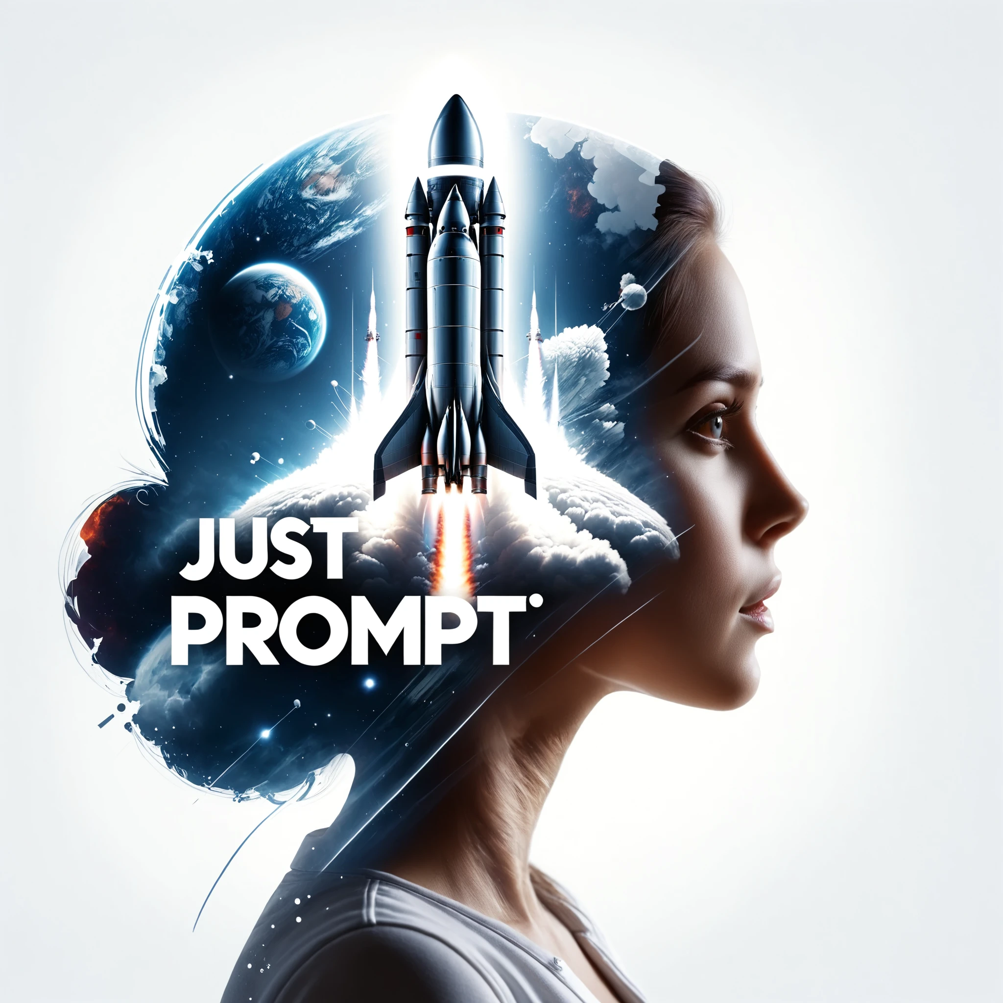 dvr-wwyt, a woman, a rocket, double exposure, "Just Prompt" text logo <lora:dvr-wwyt:0.8> <lora:dvr-ftl:0.8>