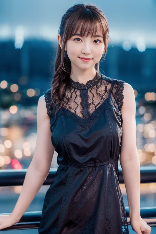 1girl, (sleeveless, lace dress:1.6),(RAW photo, best quality:1.4), (realistic, photo-realistic:1.4), masterpiece, an extremely delicate and beautiful, extremely detailed, 2k wallpaper, Amazing, finely detail, extremely detailed CG unity 8k wallpaper, ultra-detailed, highres, soft light, beautiful detailed girl, extremely detailed eyes and face, beautiful detailed nose, beautiful detailed eyes,cinematic lighting,(blurry,bokeh backgound:1.6),(night city:2.4),perfect anatomy,(slender body:1.6),(close up face,focus face:1.4),(laugh lightly,Friendly, warm:1.8),(looking at viewer:1.8), (long hair:1.6), (japanese idol:1.8), (brown eyes:1.4),(standing:1.6),(cleavage:0.8),
<lora:tanakaminami_lora-10:0.8>