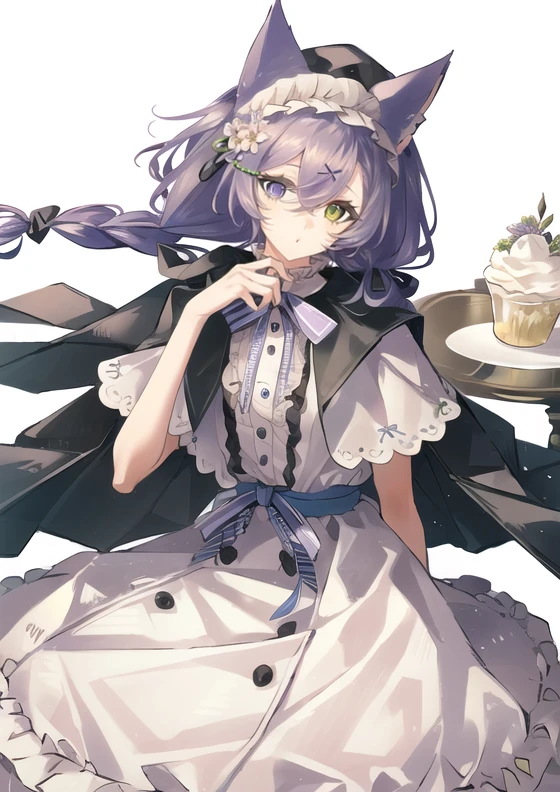 8kï¼ultra-detailed, illustration, (beautiful detailed eyes), beautiful, amazing, detailed eyes, (((masterpiece))),<lora:FG:1>1girl, heterochromia, solo, hat, green eyes, braid, purple eyes, purple hair, animal ears, twin braids, long hair, looking at viewer, hairband, white shirt, ribbon, bow, skirt, shirt, flower, white background, white headwear, capelet, cat ears, bangs, hair between eyes, frills, head tilt, official alternate costume