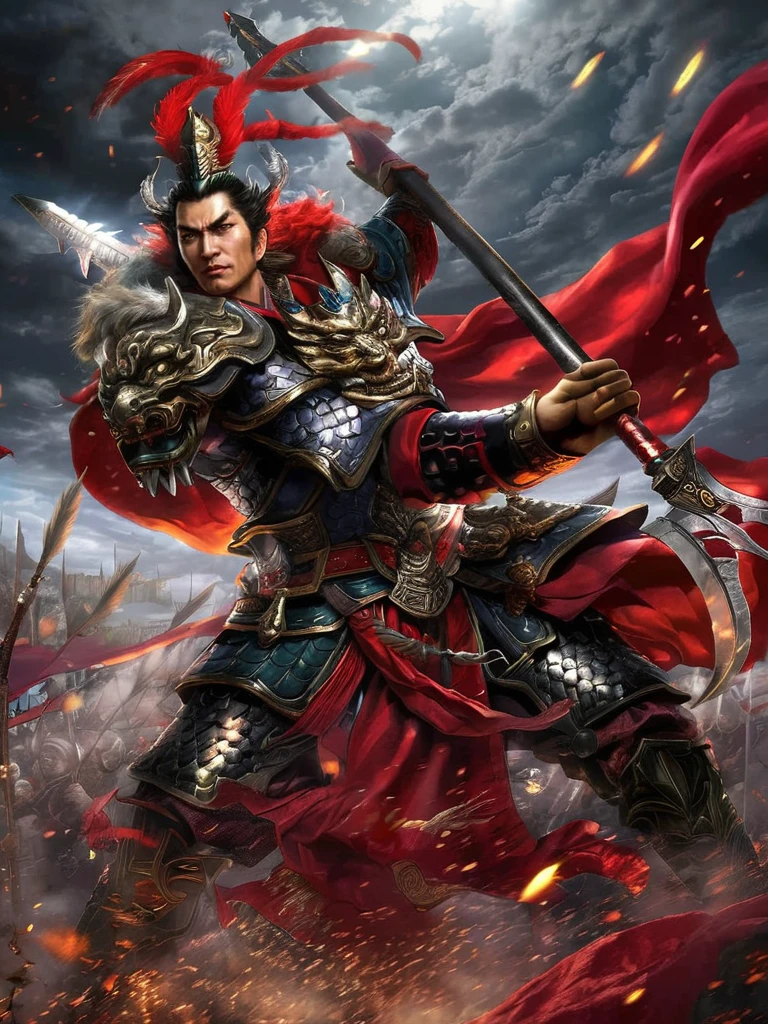 masterpiece,best quality,highly detailed,ultra-detailed, digital art, dark theme, smoky,
lvbu man, pheasant_tail_feathers_crown, beast-face armor, beast-face belt, holding sky-piercing halberd, red cape,flying arrows, dynamic composition, high detail, fantasy theme, male character
sky, mature male, cold theme <lora:lvbu_sdxl:0.7>