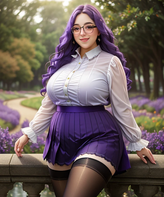 w1nt3rh0 , (((blurred nature, outdoor), close portrait photo, smile, realistic, ((Brave Elegance: Long Sleeves, and Glamour, skirt, stockings,)), chubby, Purple hair