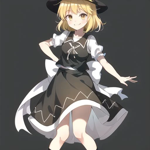 Best quality, most quality, solo, masterpiece, full body, smile, blush, yuki \(touhou\), 1girl, solo, yellow eyes, yellow hair, bow, hat bow, socks, black footwear, black skirt, short sleeves, black vest, white sleeves, frill skirt,