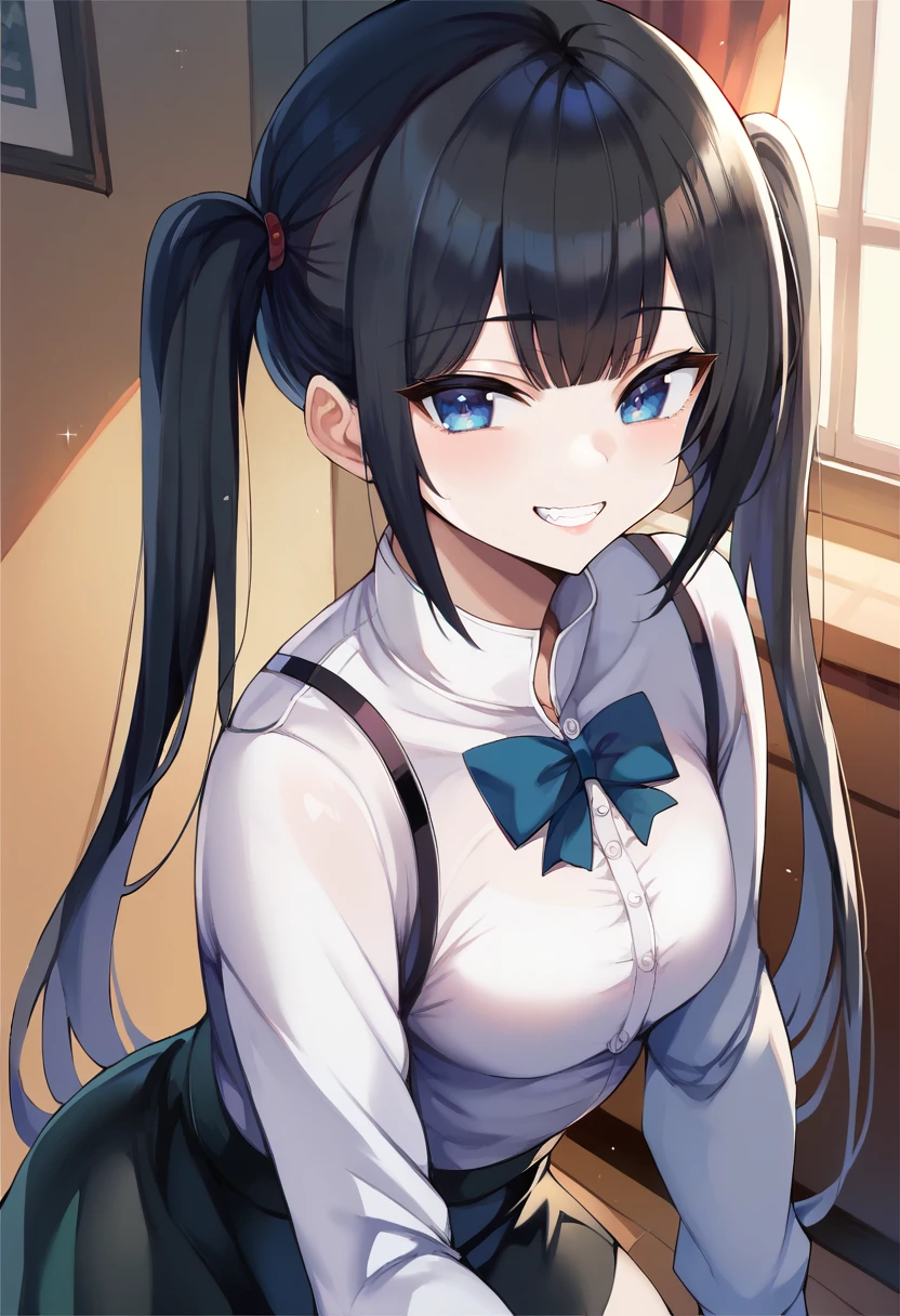score_9, score_8_up, score_7_up, source_anime, 1girl,blue eyes,twintails, black hair, white blouse, black skirt, grin,looking at viewer, from front, by hanasakahoucha <lora:Hanasaka-Houcha-Style-PonyXL-000024:1>