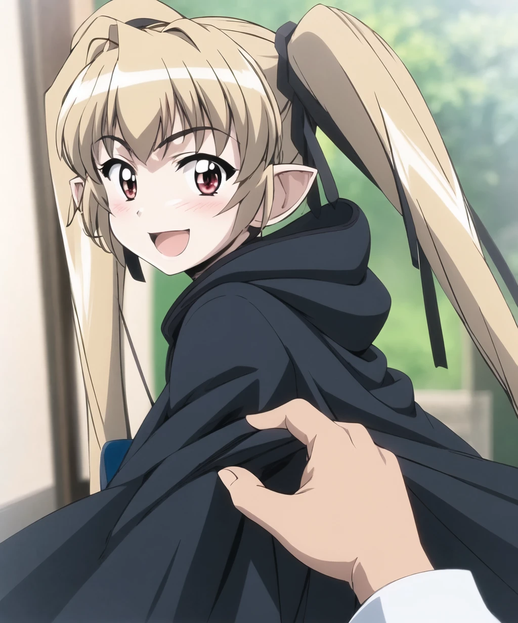 1girl,long hair,looking at viewer,blush,smile,open mouth,blonde hair,red eyes,ribbon,twintails,hair ribbon,solo focus,pointy ears,cloak,<lora:renkin_san_kyuu_magical-09:1>,