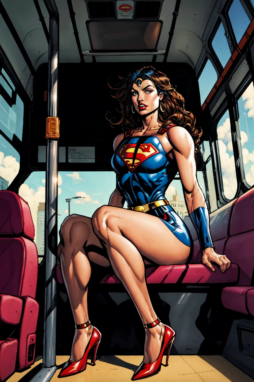 Superman driving a bus, driving a big old bus, he's driving a bus with his high heels on