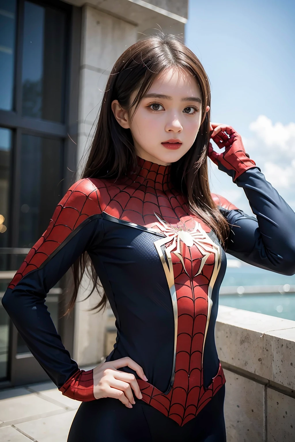(masterpiece), best quality, perfect face, 18yo GIRL, spiderman armor suit, <lora:andweasoV1-02:1>
