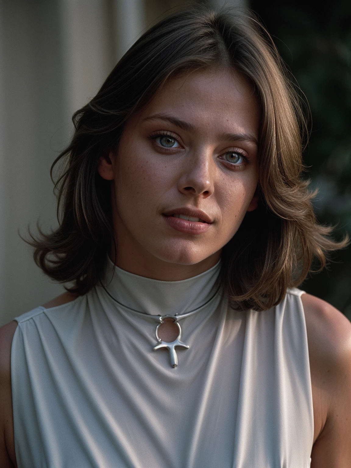 cinematic film still <lora:add_detail:0.4> <lora:High Resolution:0.4> <lora:Jenny Agutter - Logan's Run_j3l0r5:0.8> j3l0r5 woman <lora:ClothingAdjuster3:-0.5>, stading in 1970's sci-fi movie set, white-color-scheme . shallow depth of field, vignette, highly detailed, high budget, bokeh, cinemascope, moody, epic, gorgeous, film grain, grainy