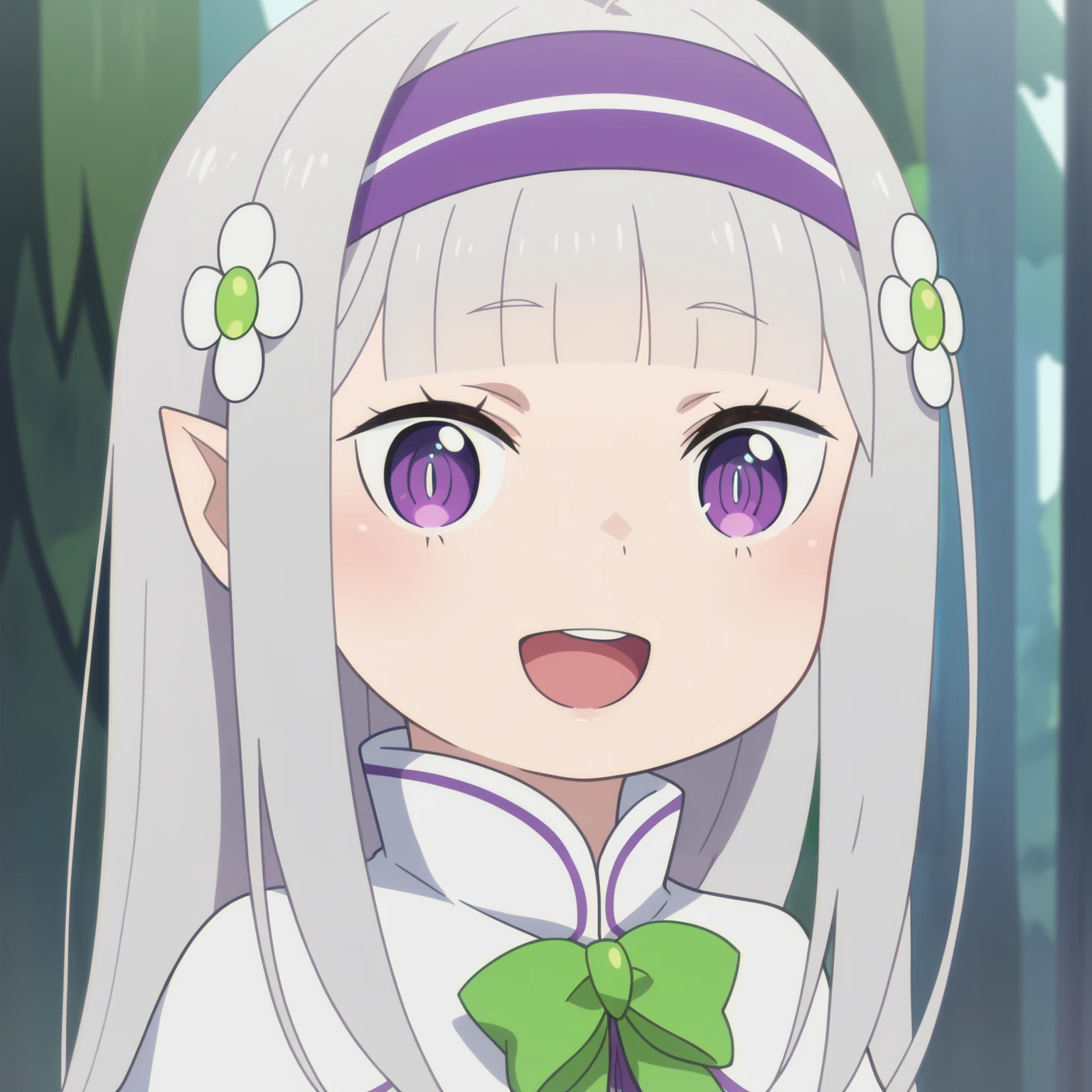 score_9, score_8_up,
<lora:LolimiliaXL-000030:1>,1girl, long hair, grey hair, hair flower, bangs, pointy ears, hairband, solo, blunt bangs, white capelet, looking at viewer, purple dress,very long hair, green bow, purple eyes, smile,open mouth,portrait, close up,
outdoors, forest,
anime screencap, anime coloring,source_anime,