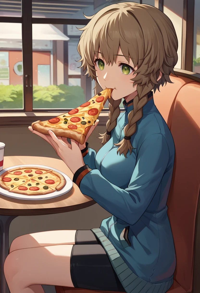 score_9, score_8_up, score_7_up, source_anime, amane suzuha, short hair, twin braids, green eyes, brown hair, blue jacket, black shorts, cafe, pov, sitting, eating pizza <lora:Amane Suzuha-000008:1>