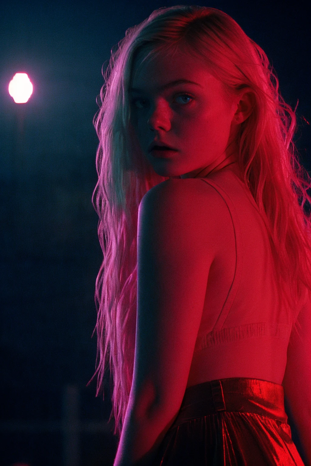 refnstyle,a elle woman with blonde hair standing outdoors,close-up,blue tint and red tint,at night,dimly lit,dramatic,vibrant,film grain