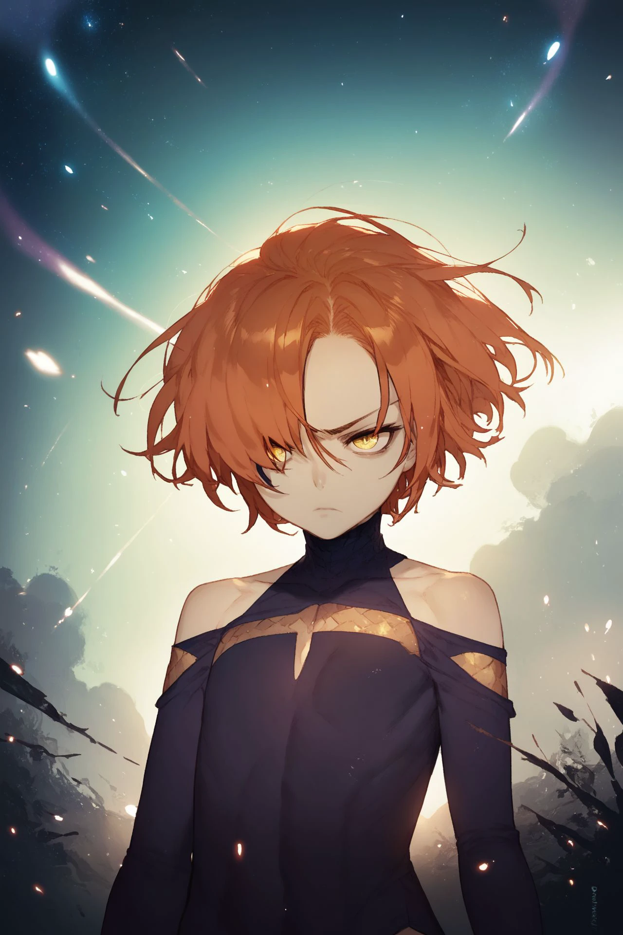 score_9, score_8_up, score_7_up, high resolution, 1girl, beautiful face, detailed pupils, serious, orange hair, hair over one eye, yellow eyes, flat chest, dark purple clothes, outdoors, floating particles, <lora:noco_(adamas)_PonyXL_style_v01:1>