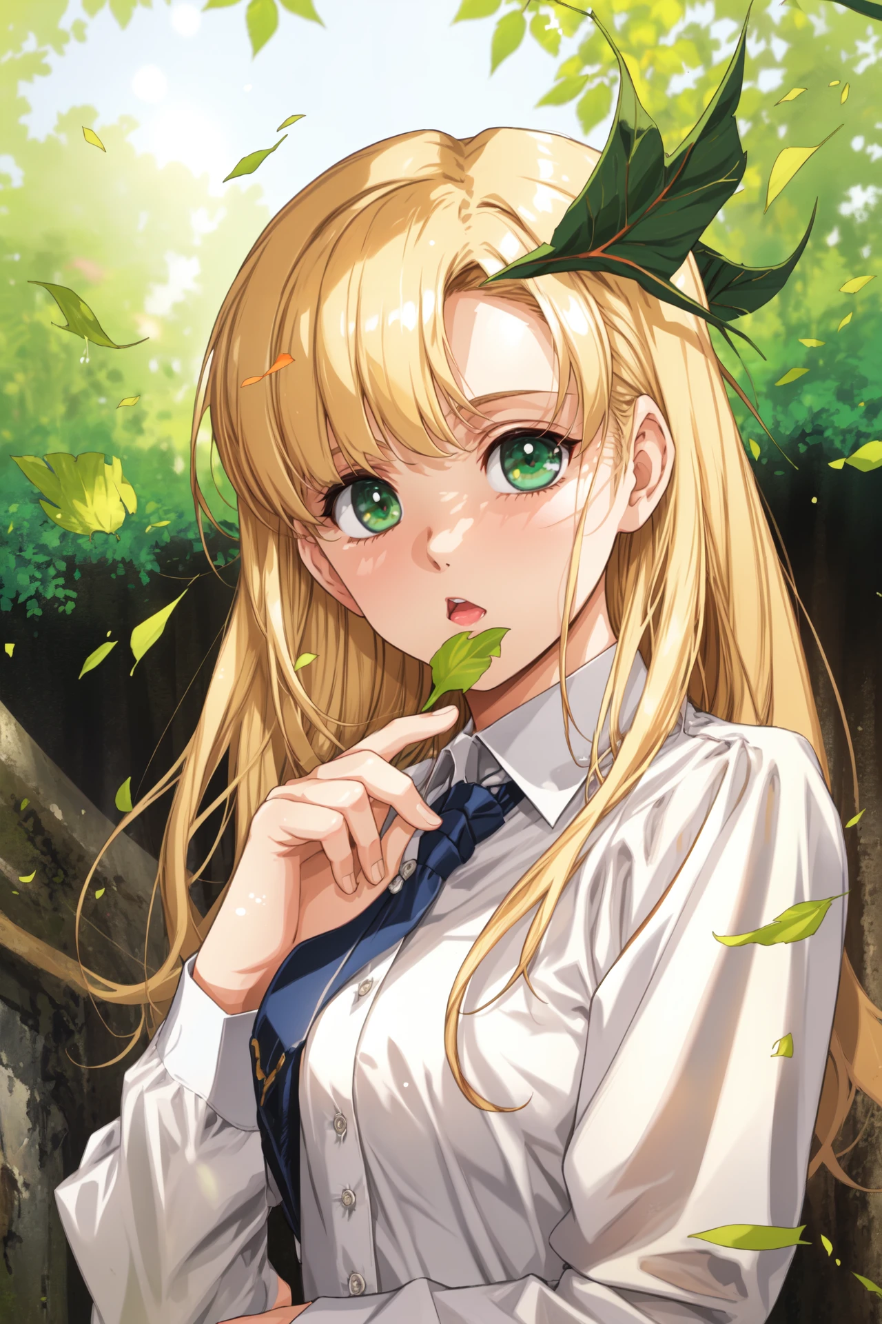 (masterpiece, best quality, highres, absurdres),<lora:GoodHands-vanilla:1.5>,   1girl, solo, green eyes, long hair, looking at viewer, blonde hair, shirt, white shirt, holding hair, upper body, sunlight, holding, branch, long sleeves, blurry, dappled sunlight, covering mouth, leaf, bangs, light particles, depth of field, covered mouth, blurry background, parted bangs, outdoors, <lora:UrushiharaSatoshi:0.7> ,  urushiharas,