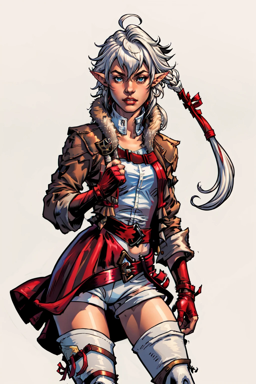 <lora:alisaie-nvwls-v1:0.8> alisaie, 1girl, single braid, hair ribbon, brown jacket, red dress, fur trim, belt, thigh boots , single braid, hair ribbon, red jacket, shoulder armor, fingerless gloves, white shirt, red belt, white shorts, thigh boots