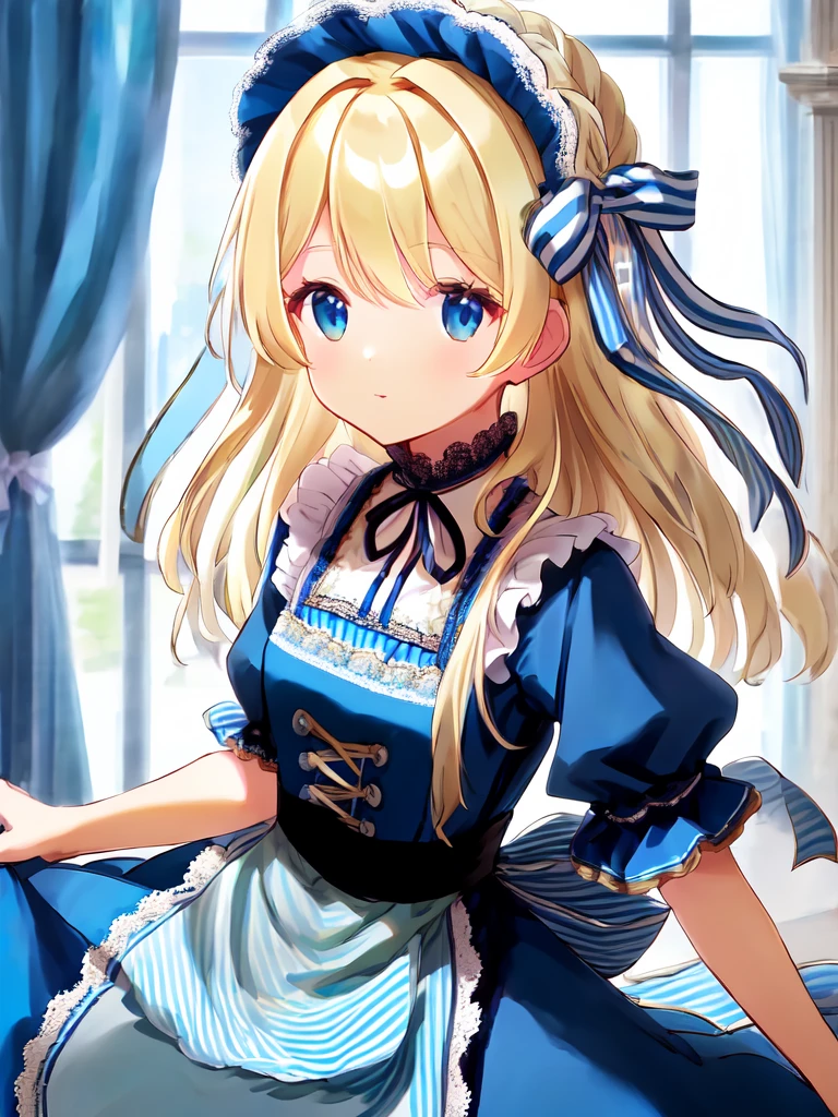 masterpiece anime, blond hair, apron (light_blue) dress, (Striped hairband ribbon)