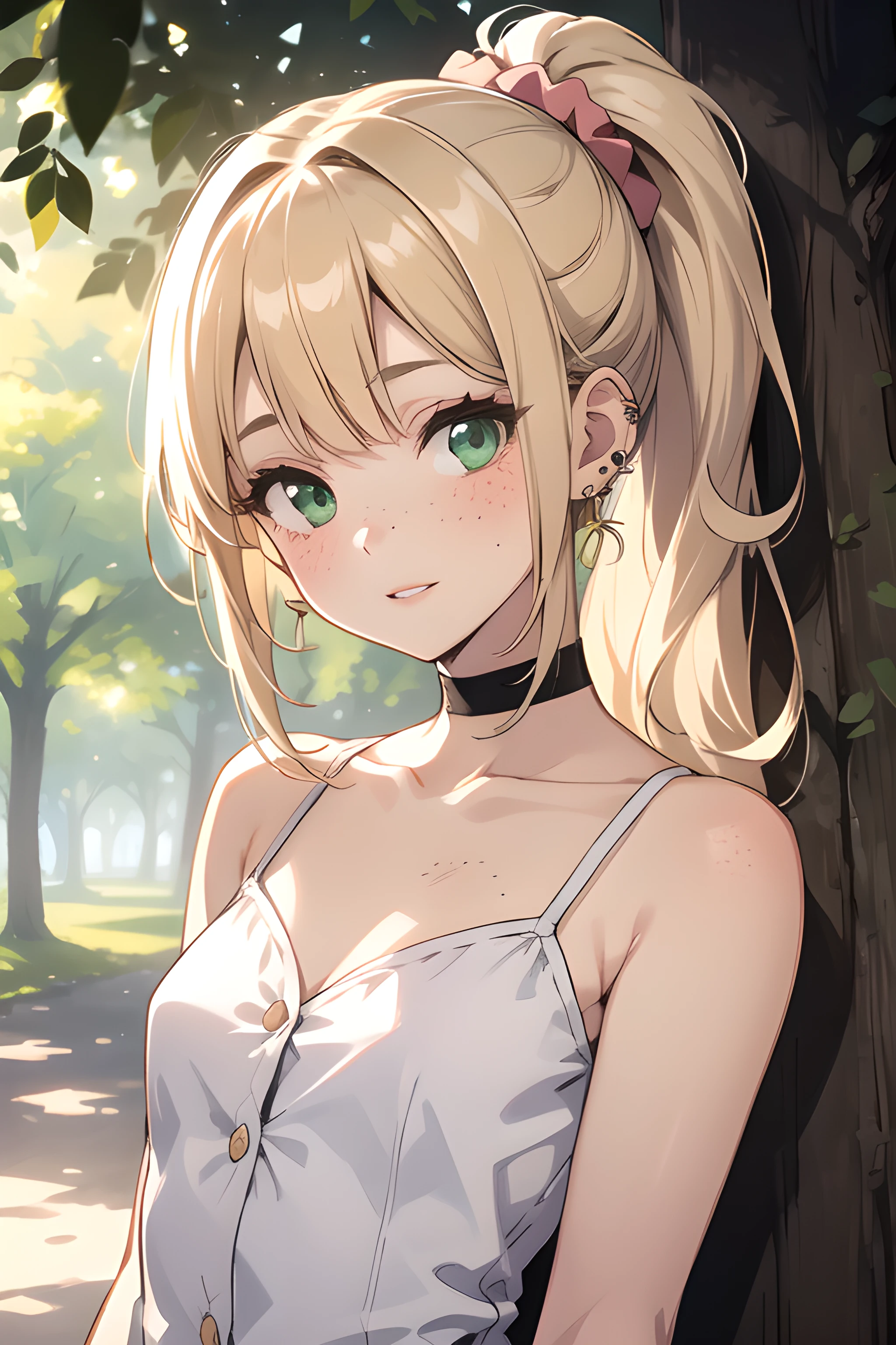 (masterpiece, best quality, highres), 1girl, solo, blonde hair, long wavy hair, high ponytail, asymmetrical bangs, green eyes, small perky breasts, freckles, pale skin, long eyelashes, pink scrunchie, ear piercing, upper body, looking at viewer, light blush, parted lips, light smile, head tilt, spaghetti strap, buttons, low neckline, dappled sunlight, tree shade, sleeveless, bare shoulders