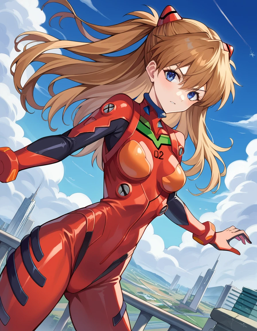 score_9, score_8_up, score_7_up, source_anime, asukalangley, <lora:asuka-langley-soryuu-ponyxl-lora-nochekaiser:1>, asuka langley soryu, long hair, bangs, blue eyes, brown hair, hair ornament, mature female, bodysuit, pilot suit, plugsuit, red bodysuit, interface headset, outdoors, cityscape, sky, clouds, sun, looking at viewer, cowboy shot, dutch angle, dynamic pose,